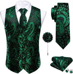 Barry.Wang Men's V-Neck Suit Vest Solid Paisley Waistcoat Silk Tie Hanky Cufflink Clip Set Wedding Party Business Formal
