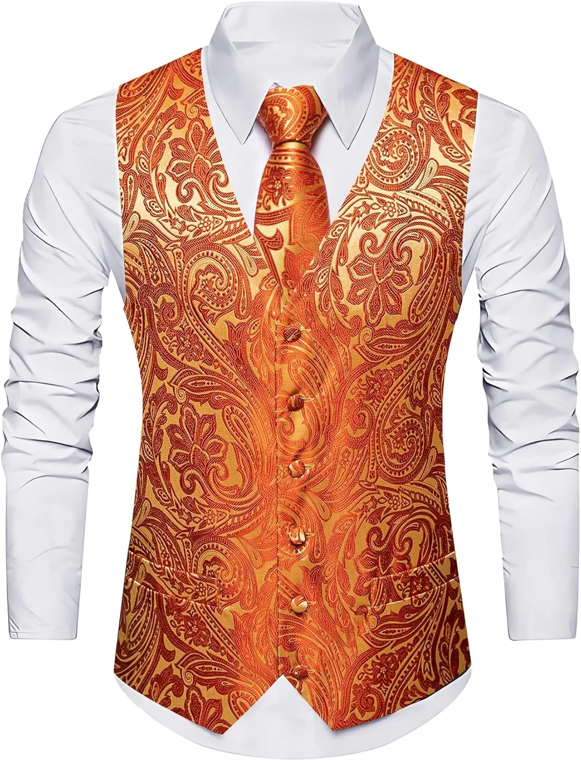 Barry.Wang Men's V-Neck Suit Vest Solid Paisley Waistcoat Silk Tie Hanky Cufflink Clip Set Wedding Party Business Formal