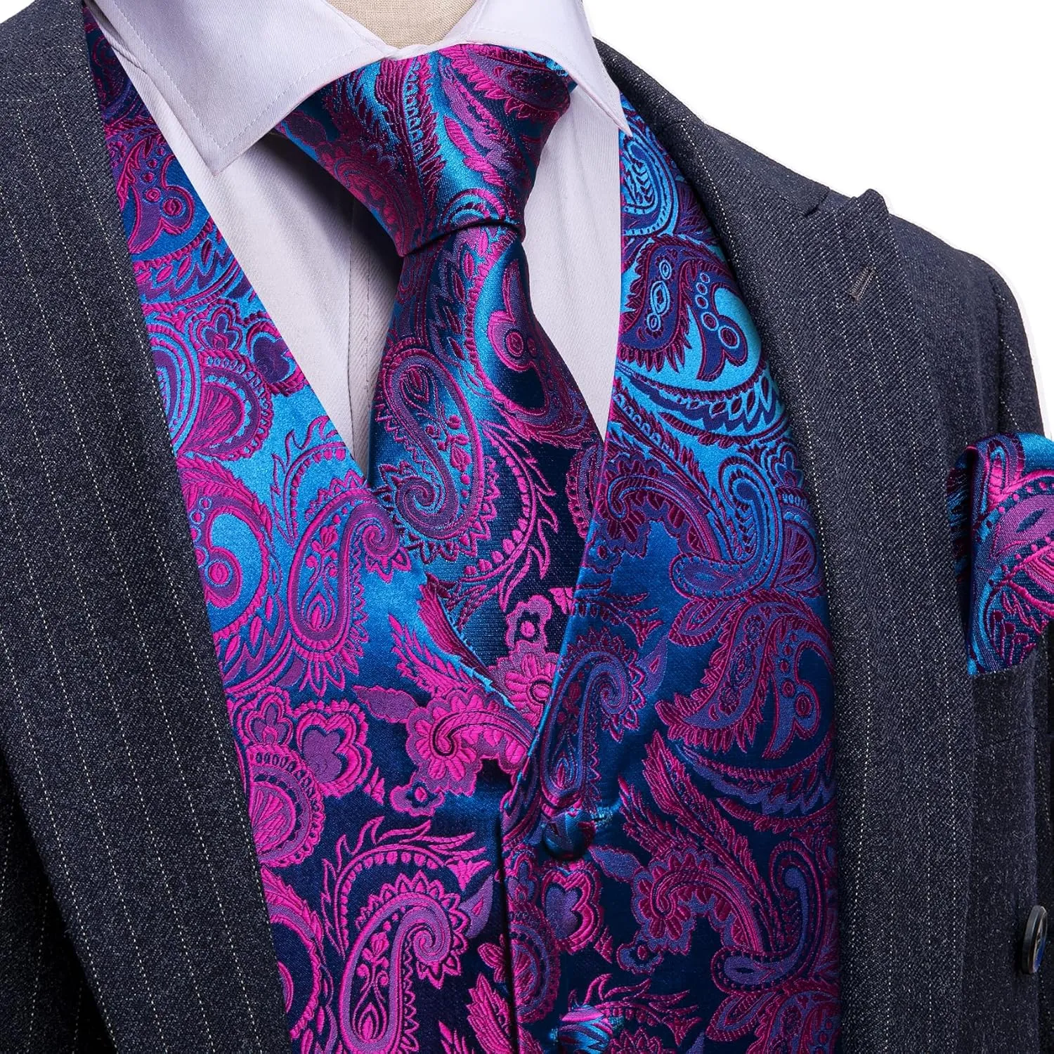 Barry.Wang Men's V-Neck Suit Vest Solid Paisley Waistcoat Silk Tie Hanky Cufflink Clip Set Wedding Party Business Formal