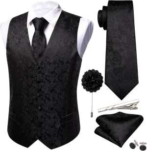 Barry.Wang Men's V-Neck Suit Vest Solid Paisley Waistcoat Silk Tie Hanky Cufflink Clip Set Wedding Party Business Formal