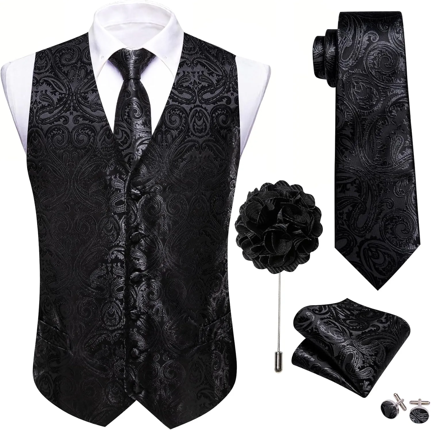 Barry.Wang Men's V-Neck Suit Vest Solid Paisley Waistcoat Silk Tie Hanky Cufflink Clip Set Wedding Party Business Formal
