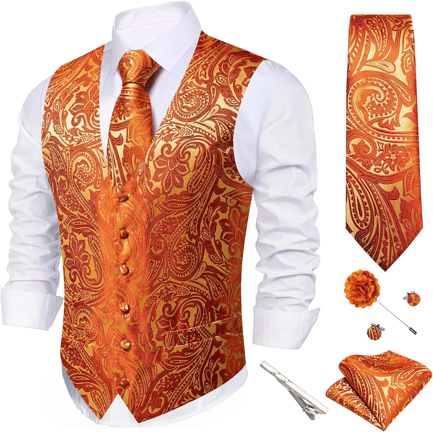 Barry.Wang Men's V-Neck Suit Vest Solid Paisley Waistcoat Silk Tie Hanky Cufflink Clip Set Wedding Party Business Formal
