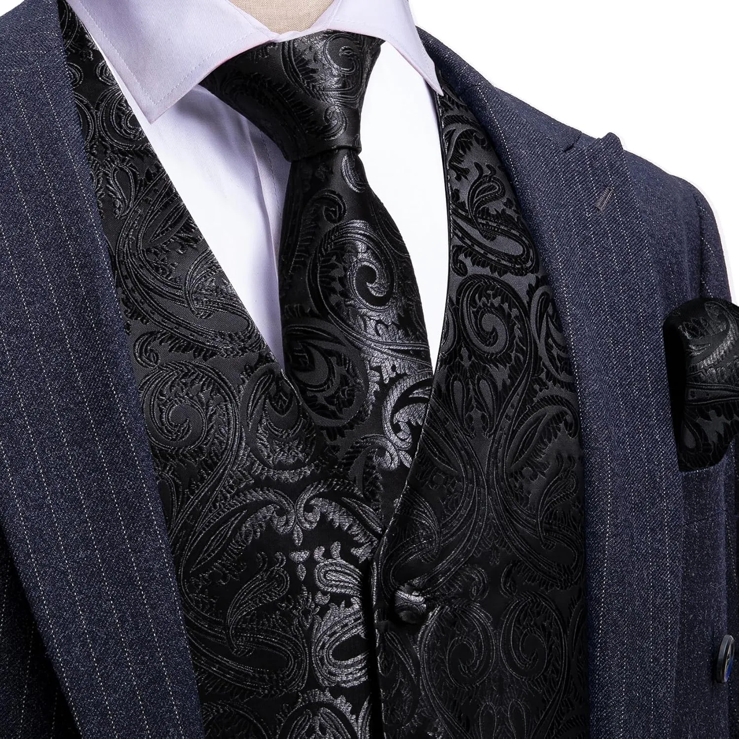 Barry.Wang Men's V-Neck Suit Vest Solid Paisley Waistcoat Silk Tie Hanky Cufflink Clip Set Wedding Party Business Formal