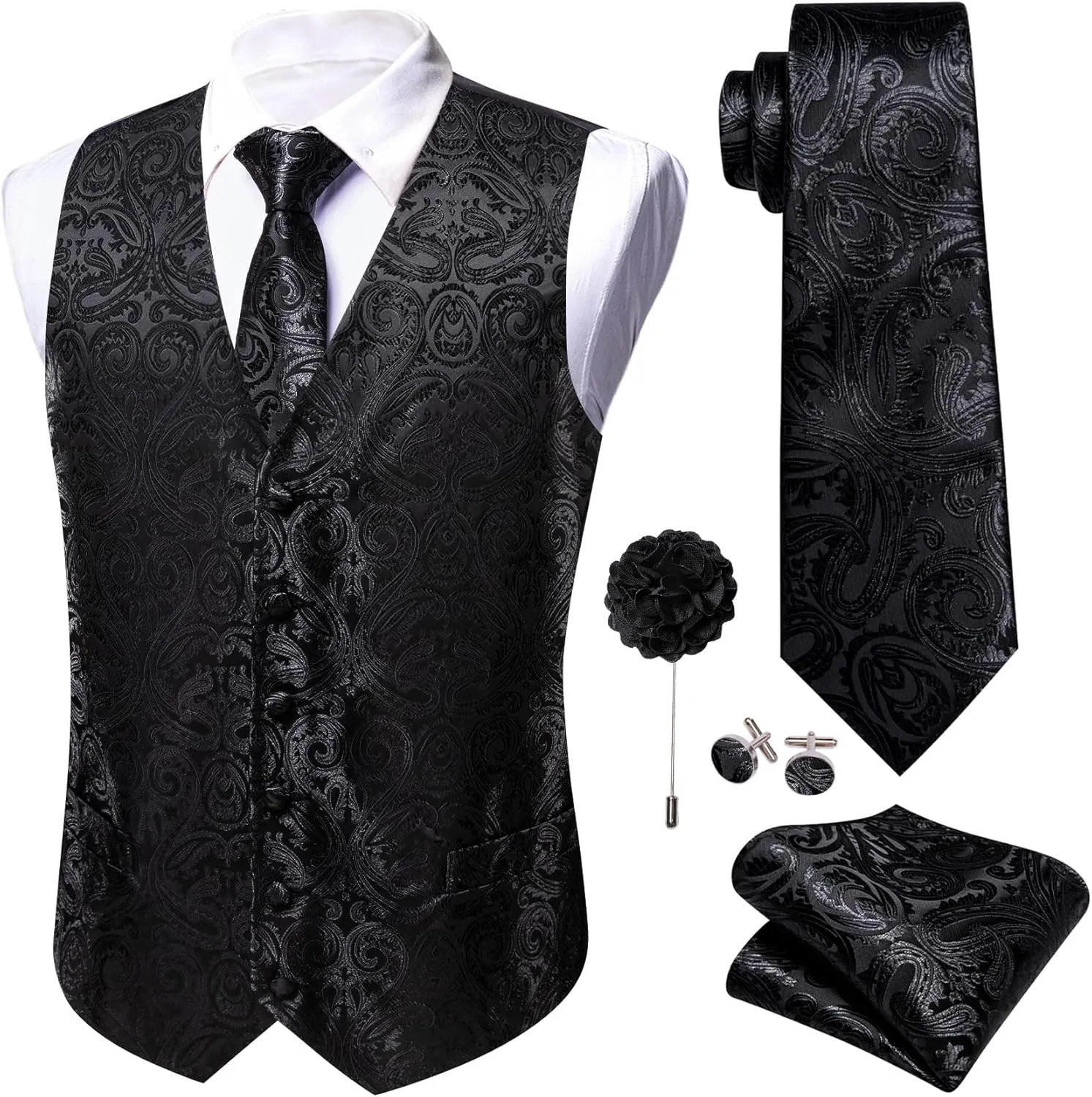 Barry.Wang Men's V-Neck Suit Vest Solid Paisley Waistcoat Silk Tie Hanky Cufflink Clip Set Wedding Party Business Formal