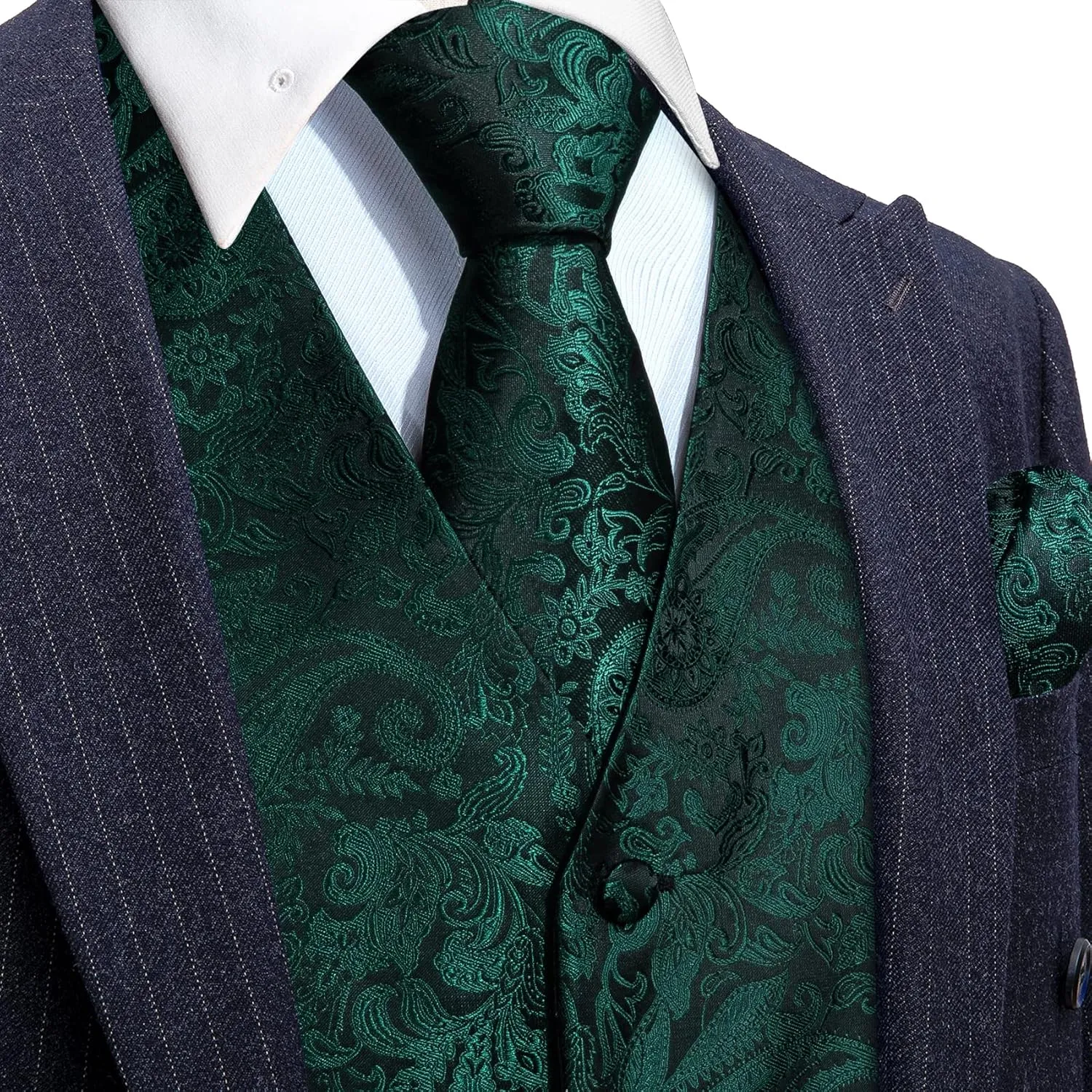 Barry.Wang Men's V-Neck Suit Vest Solid Paisley Waistcoat Silk Tie Hanky Cufflink Clip Set Wedding Party Business Formal