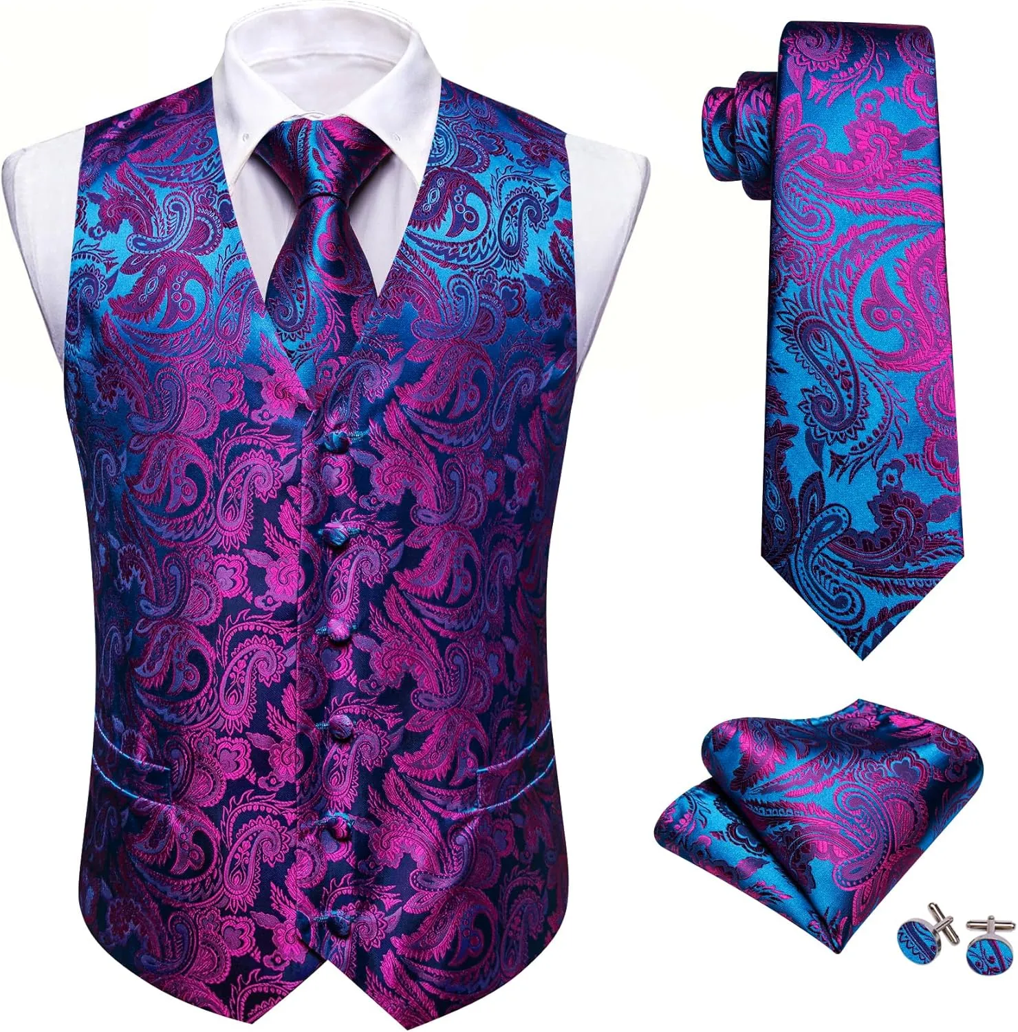 Barry.Wang Men's V-Neck Suit Vest Solid Paisley Waistcoat Silk Tie Hanky Cufflink Clip Set Wedding Party Business Formal