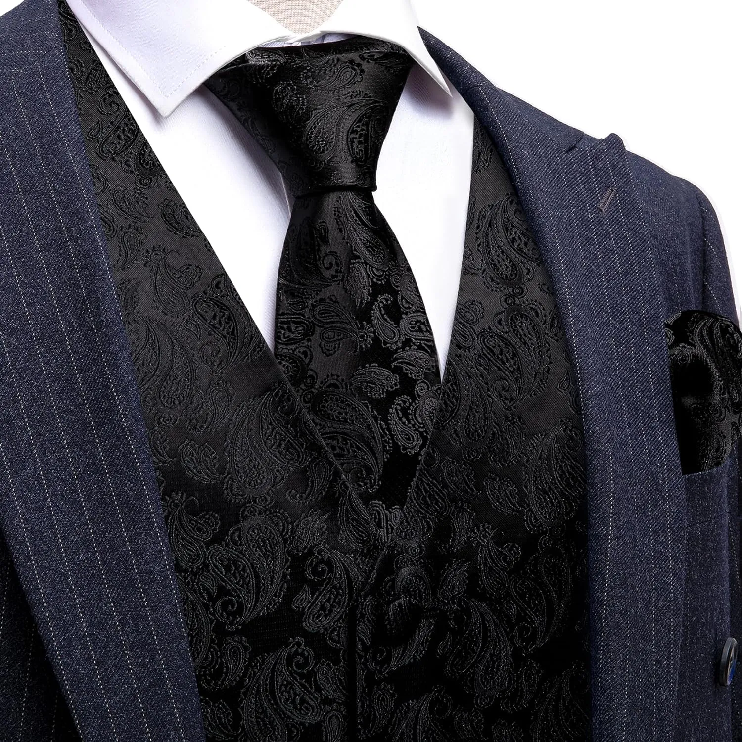 Barry.Wang Men's V-Neck Suit Vest Solid Paisley Waistcoat Silk Tie Hanky Cufflink Clip Set Wedding Party Business Formal