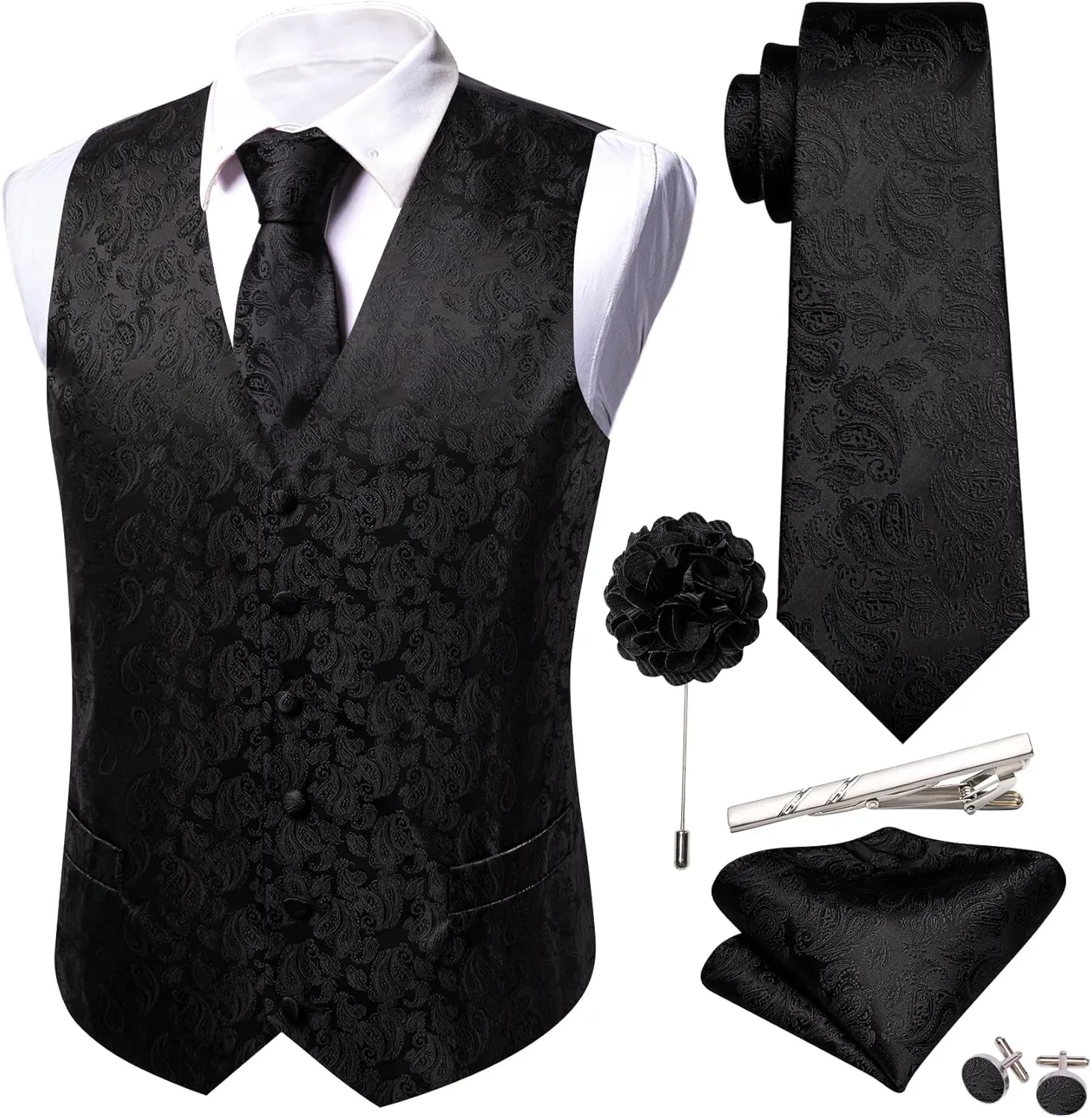 Barry.Wang Men's V-Neck Suit Vest Solid Paisley Waistcoat Silk Tie Hanky Cufflink Clip Set Wedding Party Business Formal