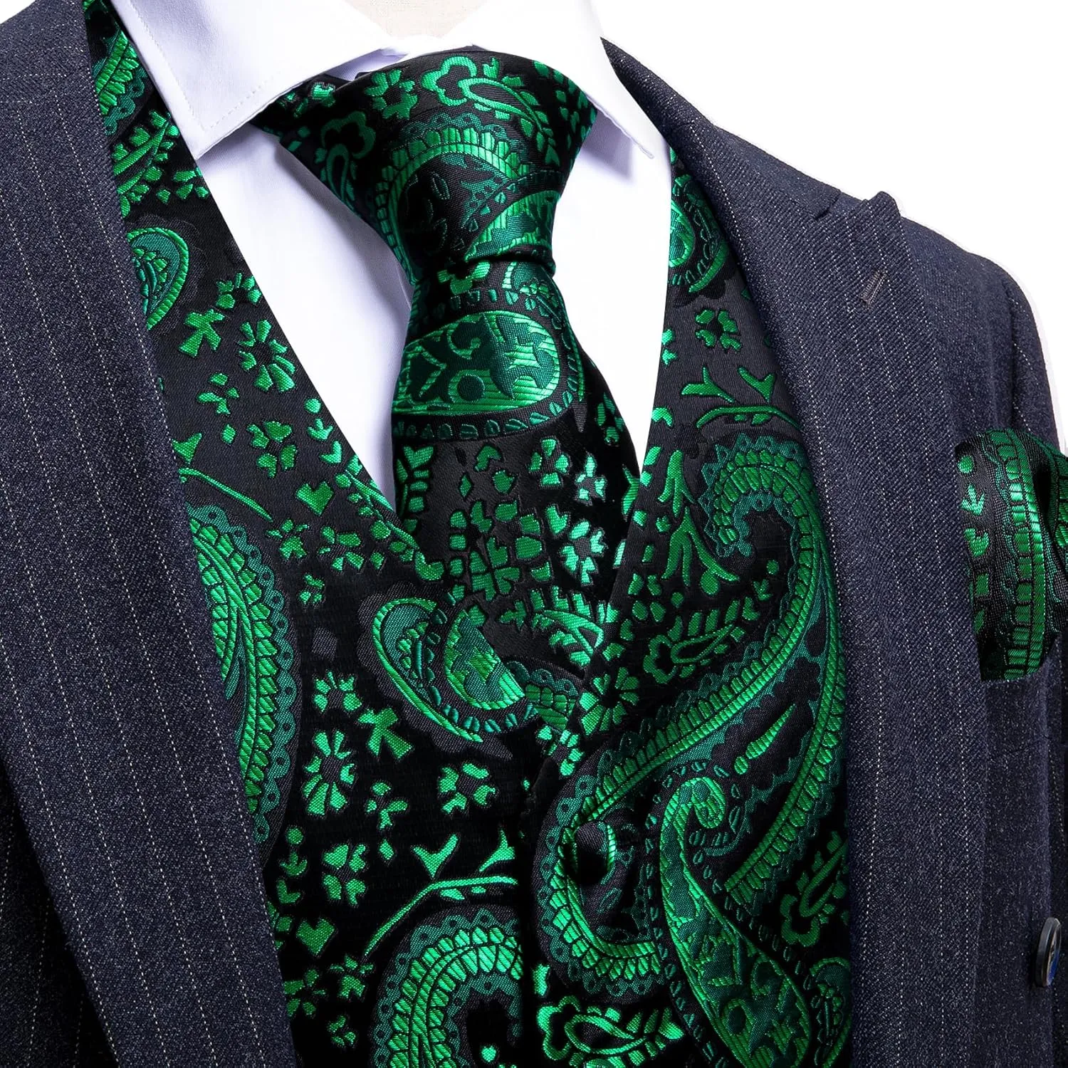 Barry.Wang Men's V-Neck Suit Vest Solid Paisley Waistcoat Silk Tie Hanky Cufflink Clip Set Wedding Party Business Formal
