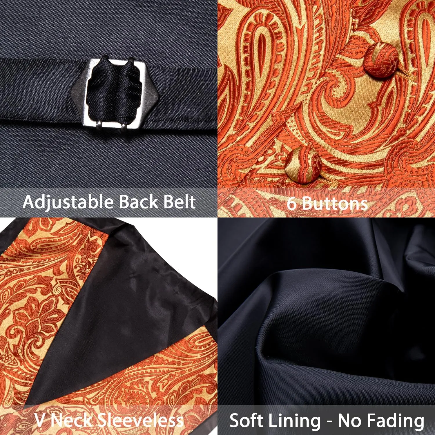 Barry.Wang Men's V-Neck Suit Vest Solid Paisley Waistcoat Silk Tie Hanky Cufflink Clip Set Wedding Party Business Formal