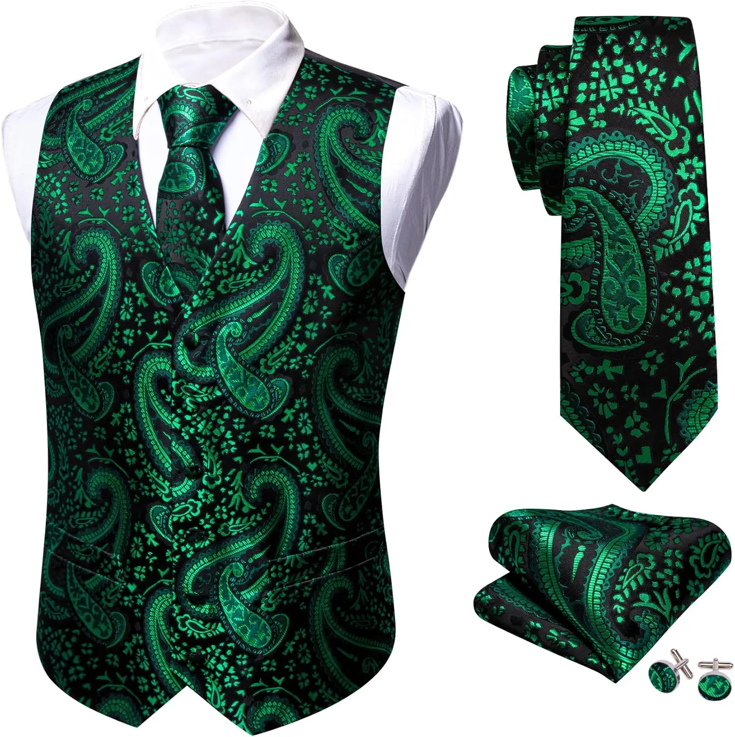 Barry.Wang Men's V-Neck Suit Vest Solid Paisley Waistcoat Silk Tie Hanky Cufflink Clip Set Wedding Party Business Formal