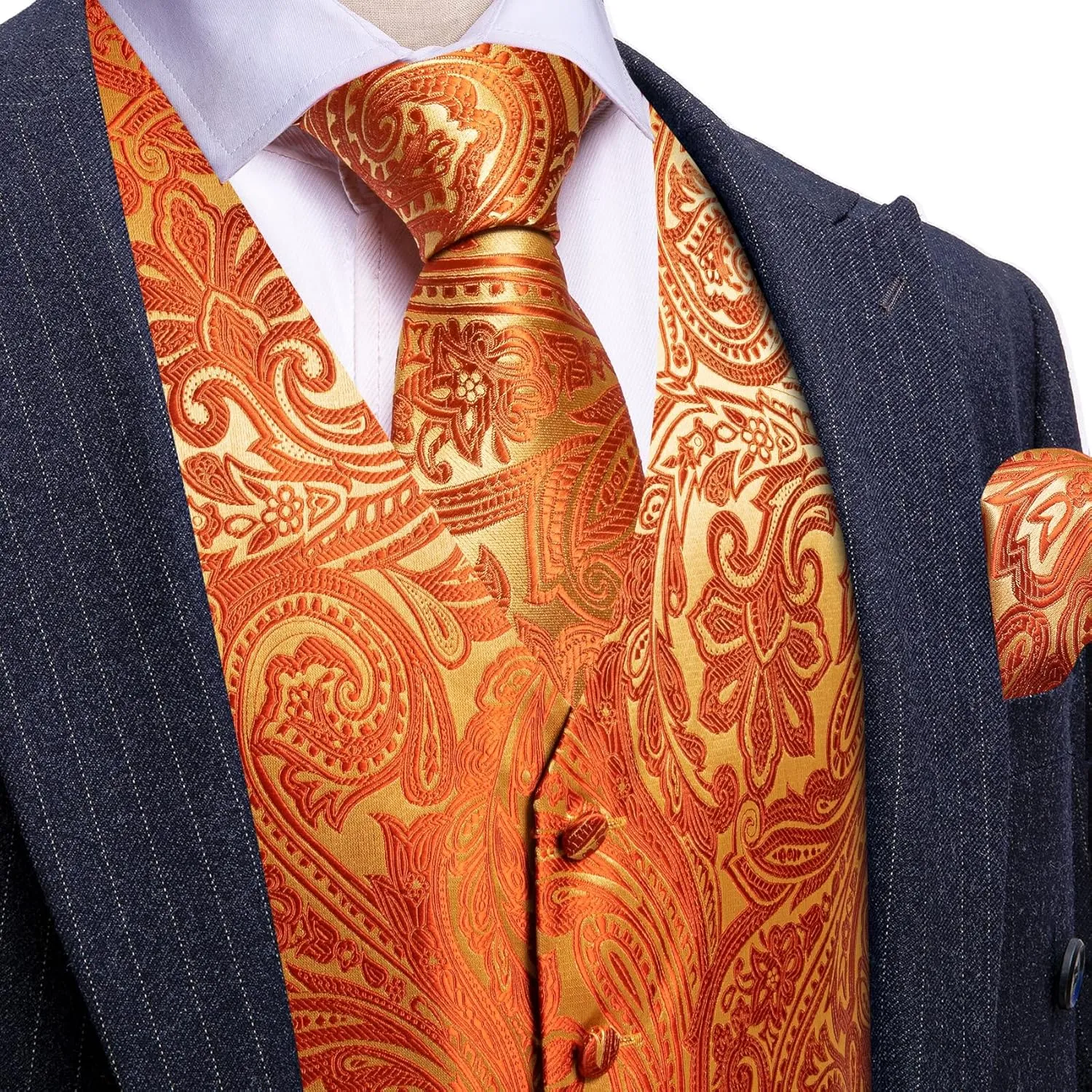 Barry.Wang Men's V-Neck Suit Vest Solid Paisley Waistcoat Silk Tie Hanky Cufflink Clip Set Wedding Party Business Formal
