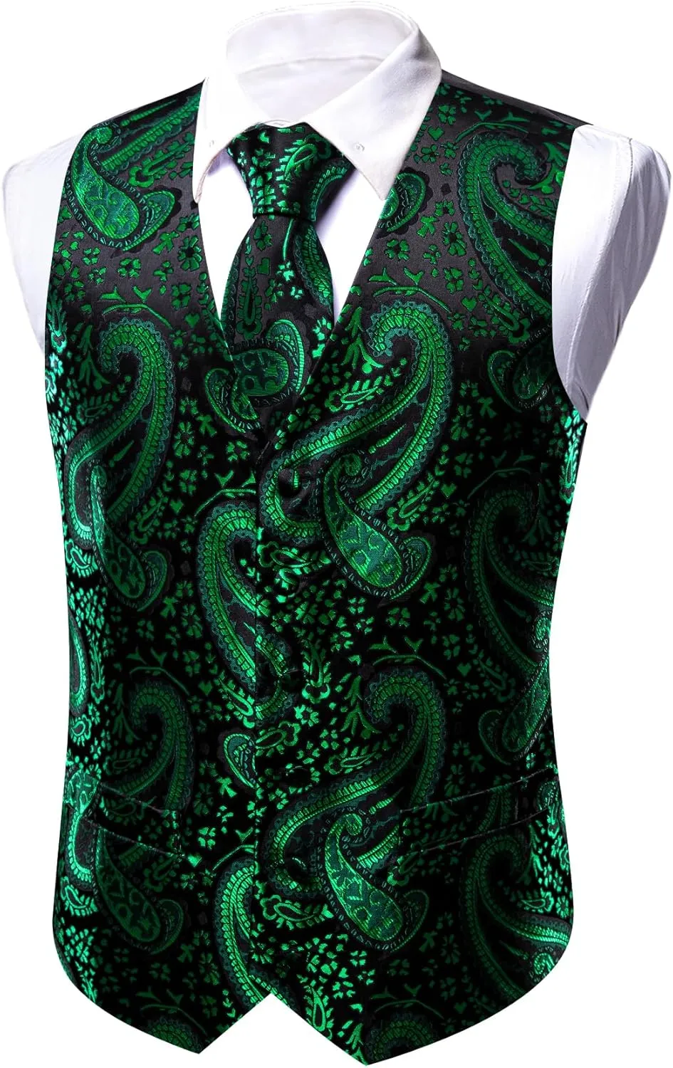 Barry.Wang Men's V-Neck Suit Vest Solid Paisley Waistcoat Silk Tie Hanky Cufflink Clip Set Wedding Party Business Formal
