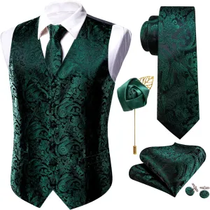 Barry.Wang Men's V-Neck Suit Vest Solid Paisley Waistcoat Silk Tie Hanky Cufflink Clip Set Wedding Party Business Formal