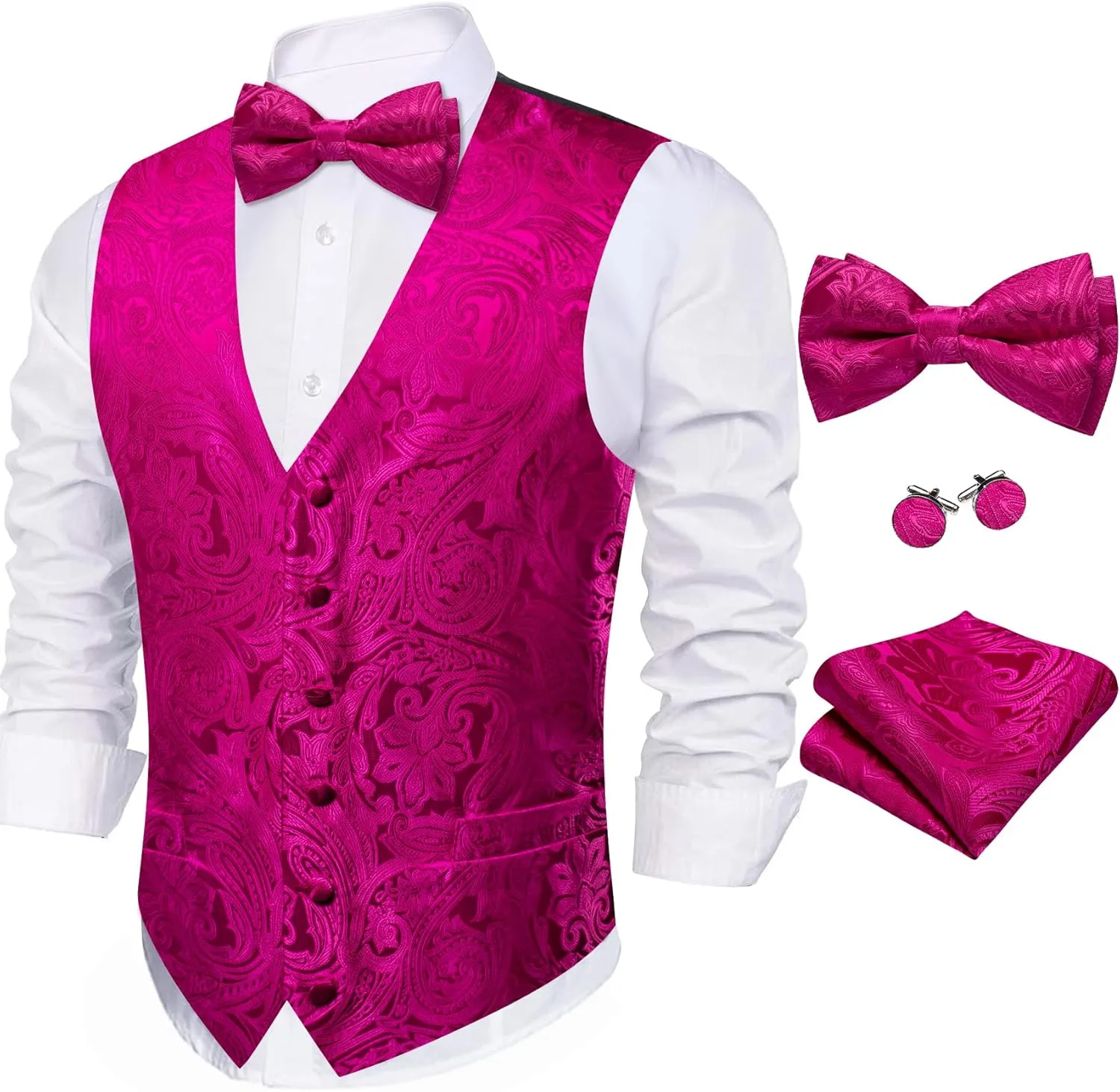 Barry.Wang Men's Waistcoat Bowtie Set Paisley Jacquard Silk V-Neck Vest Handkerchief Cufflinks Formal/Leisure Wedding Party