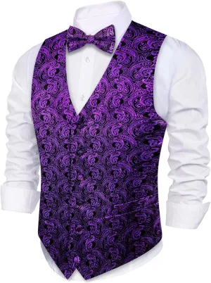 Barry.Wang Men's Waistcoat Bowtie Set Paisley Jacquard Silk V-Neck Vest Handkerchief Cufflinks Formal/Leisure Wedding Party