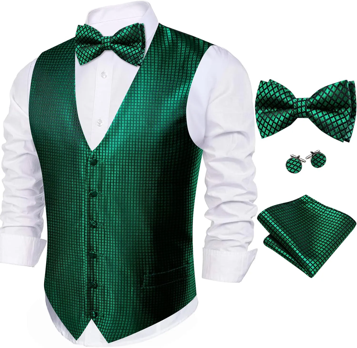 Barry.Wang Men's Waistcoat Bowtie Set Paisley Jacquard Silk V-Neck Vest Handkerchief Cufflinks Formal/Leisure Wedding Party