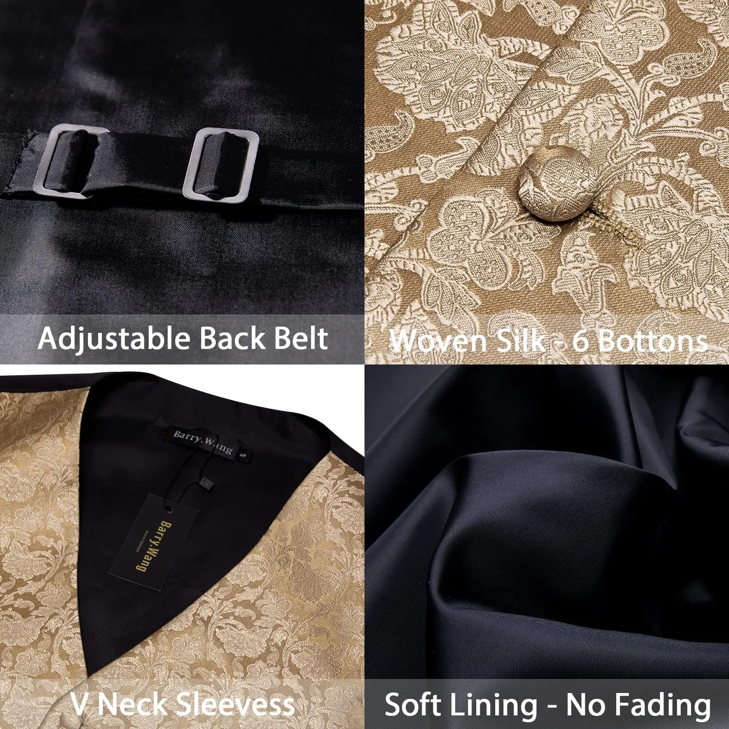 Barry.Wang Men's Waistcoat Bowtie Set Paisley Jacquard Silk V-Neck Vest Handkerchief Cufflinks Formal/Leisure Wedding Party