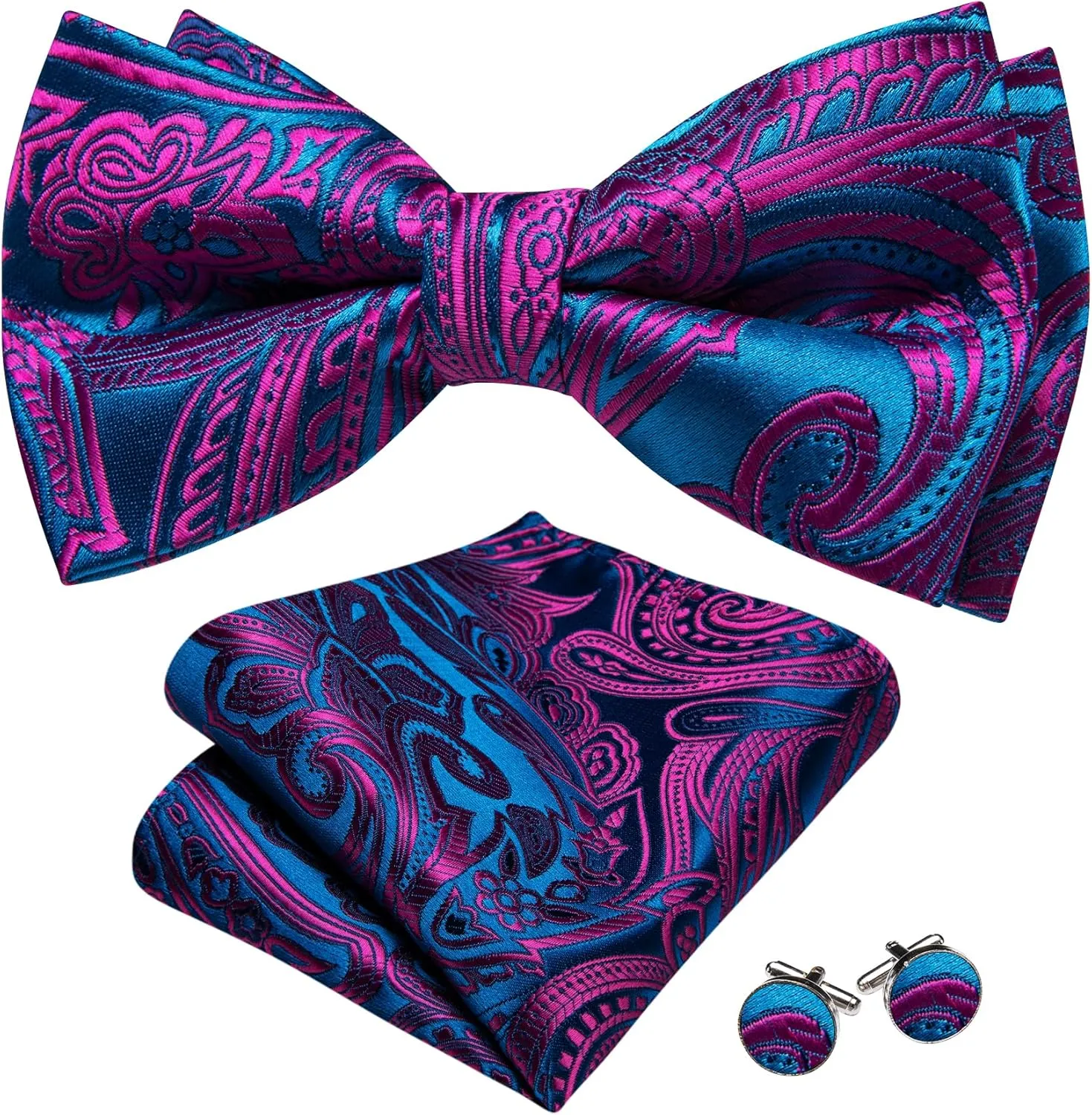 Barry.Wang Men's Waistcoat Bowtie Set Paisley Jacquard Silk V-Neck Vest Handkerchief Cufflinks Formal/Leisure Wedding Party