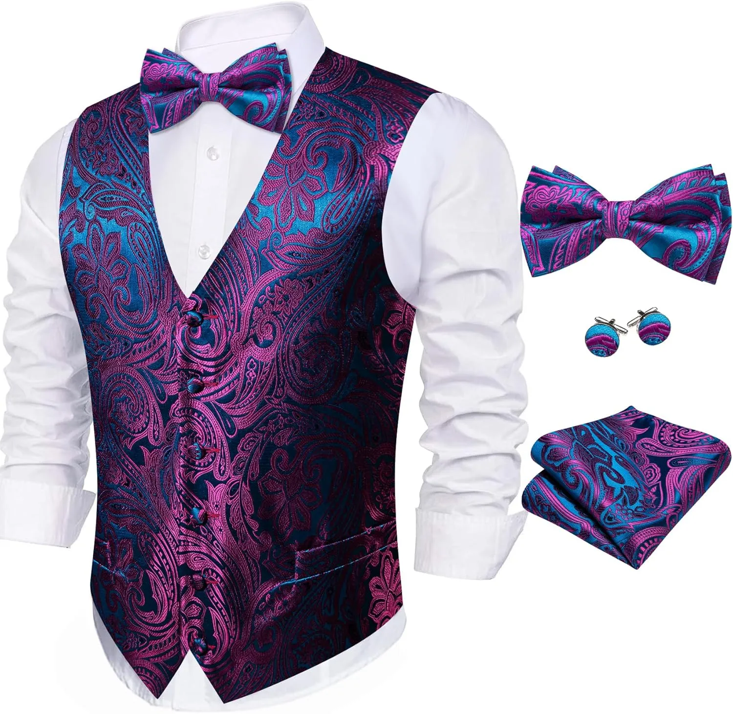 Barry.Wang Men's Waistcoat Bowtie Set Paisley Jacquard Silk V-Neck Vest Handkerchief Cufflinks Formal/Leisure Wedding Party