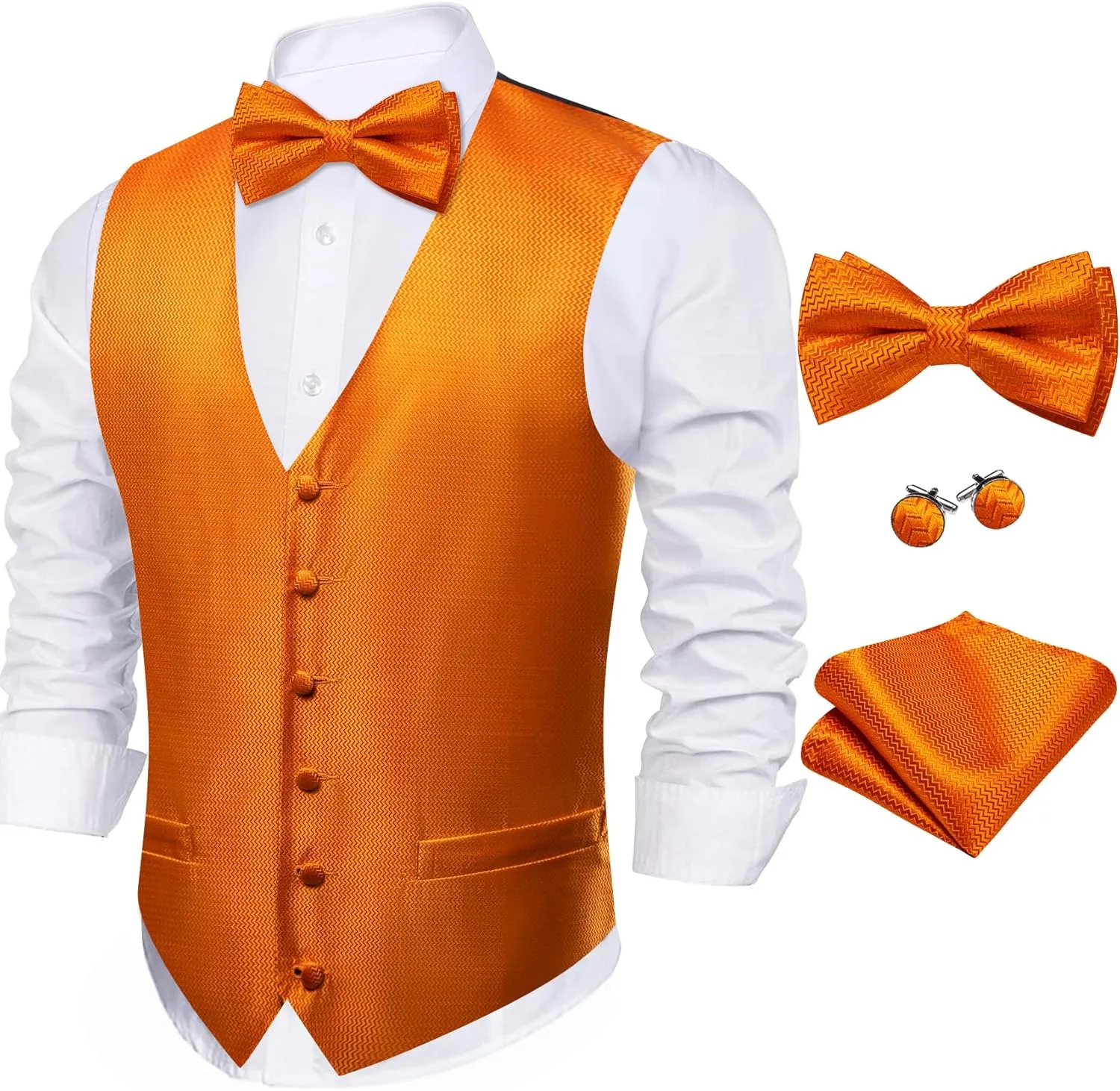 Barry.Wang Men's Waistcoat Bowtie Set Paisley Jacquard Silk V-Neck Vest Handkerchief Cufflinks Formal/Leisure Wedding Party