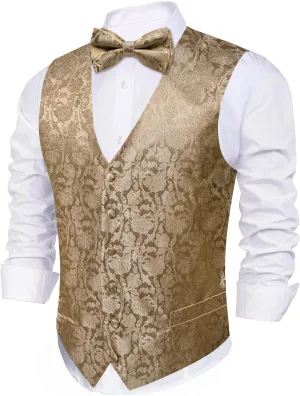 Barry.Wang Men's Waistcoat Bowtie Set Paisley Jacquard Silk V-Neck Vest Handkerchief Cufflinks Formal/Leisure Wedding Party