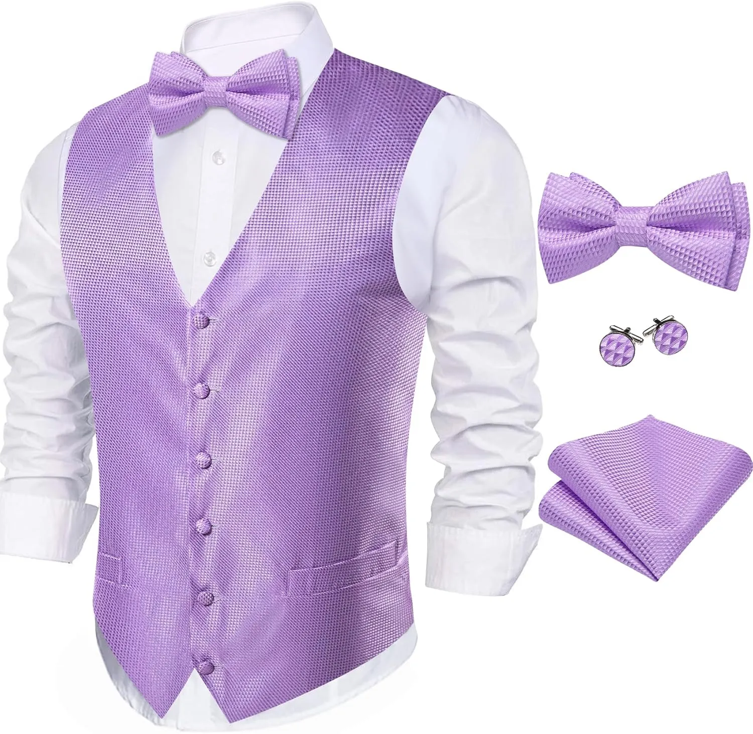 Barry.Wang Men's Waistcoat Bowtie Set Paisley Jacquard Silk V-Neck Vest Handkerchief Cufflinks Formal/Leisure Wedding Party