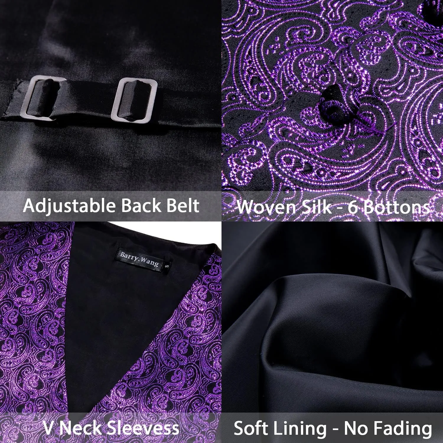 Barry.Wang Men's Waistcoat Bowtie Set Paisley Jacquard Silk V-Neck Vest Handkerchief Cufflinks Formal/Leisure Wedding Party