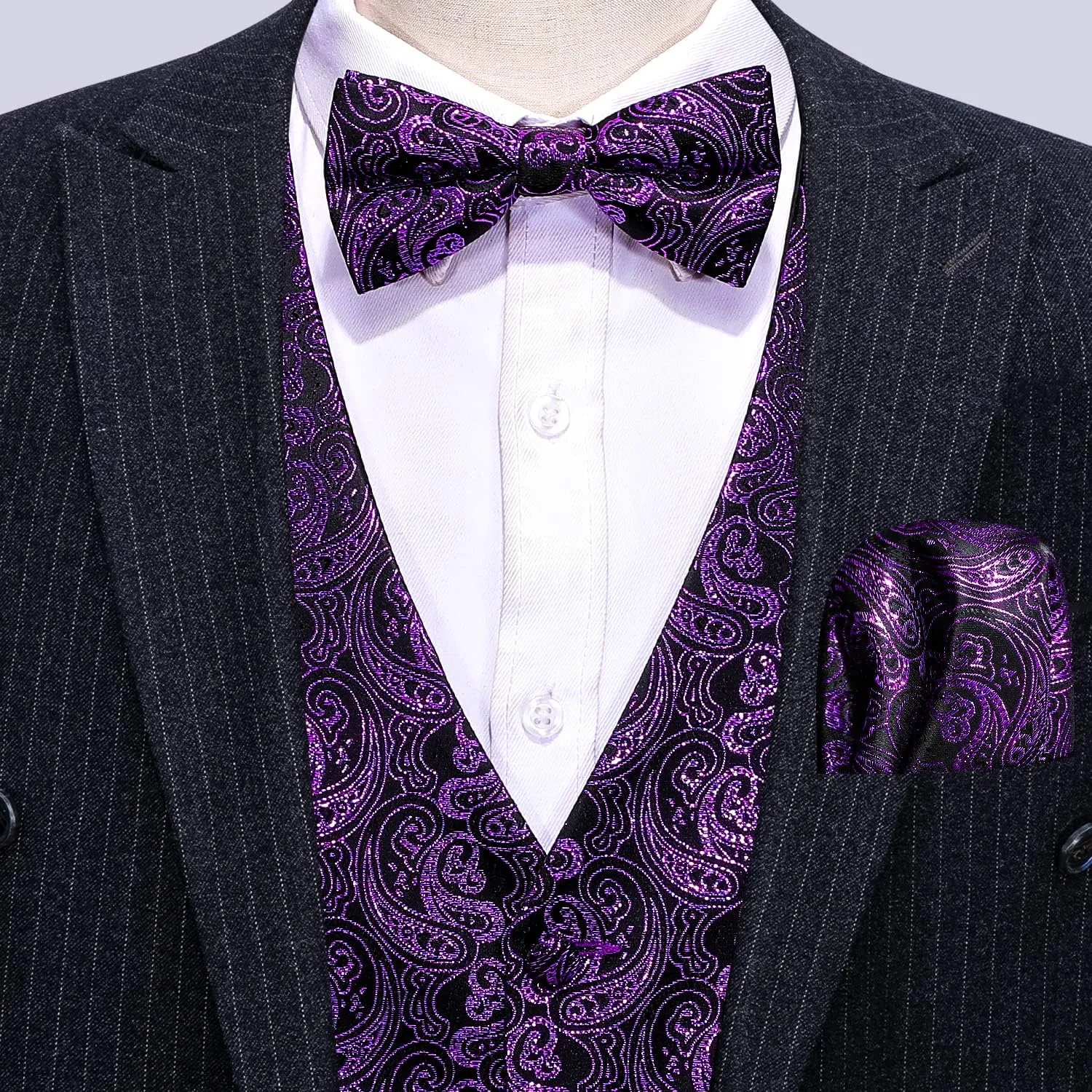 Barry.Wang Men's Waistcoat Bowtie Set Paisley Jacquard Silk V-Neck Vest Handkerchief Cufflinks Formal/Leisure Wedding Party