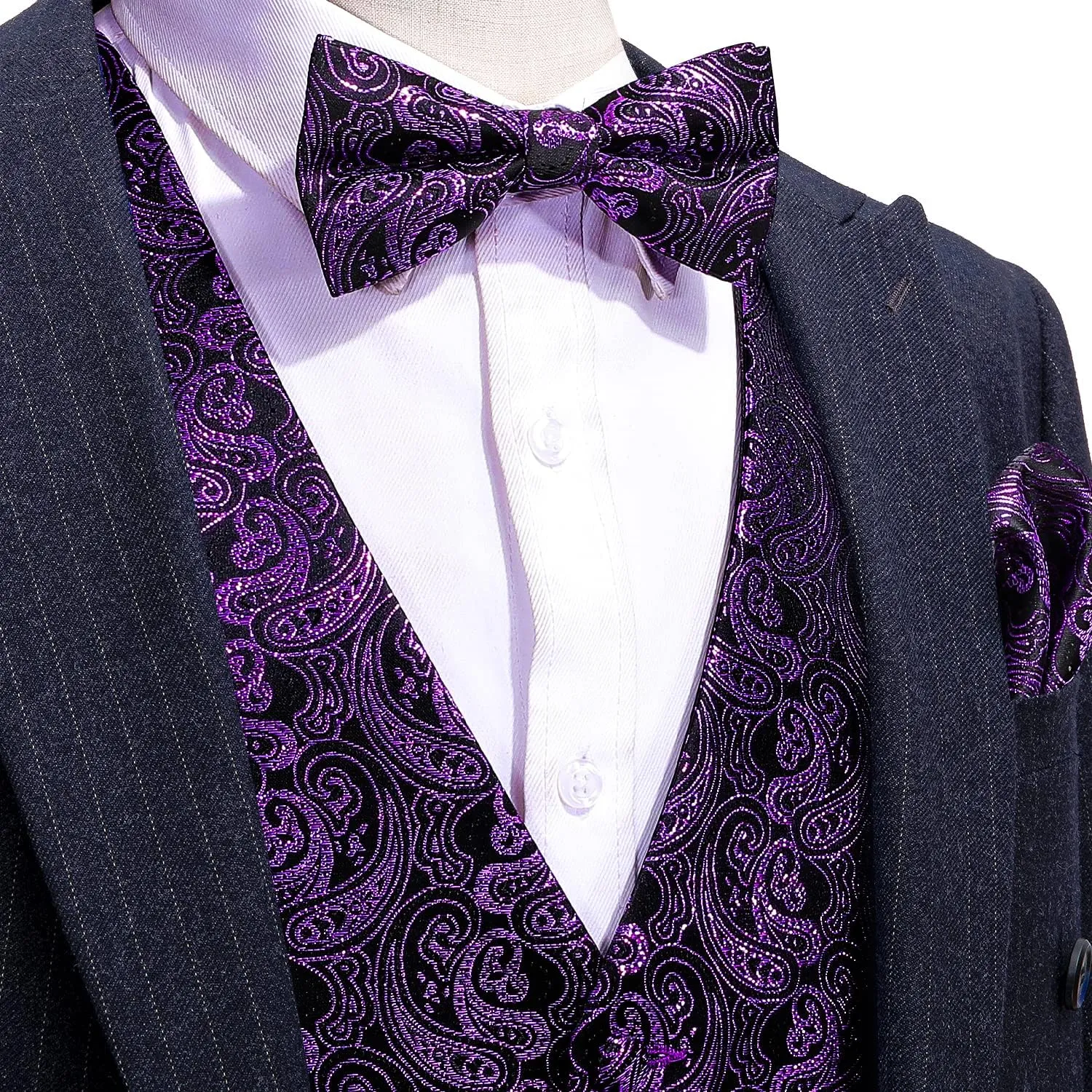 Barry.Wang Men's Waistcoat Bowtie Set Paisley Jacquard Silk V-Neck Vest Handkerchief Cufflinks Formal/Leisure Wedding Party