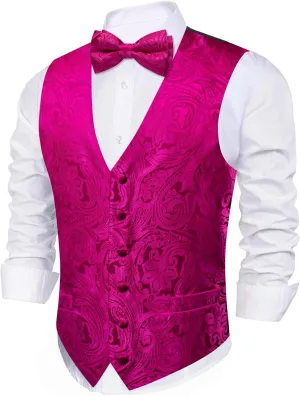 Barry.Wang Men's Waistcoat Bowtie Set Paisley Jacquard Silk V-Neck Vest Handkerchief Cufflinks Formal/Leisure Wedding Party