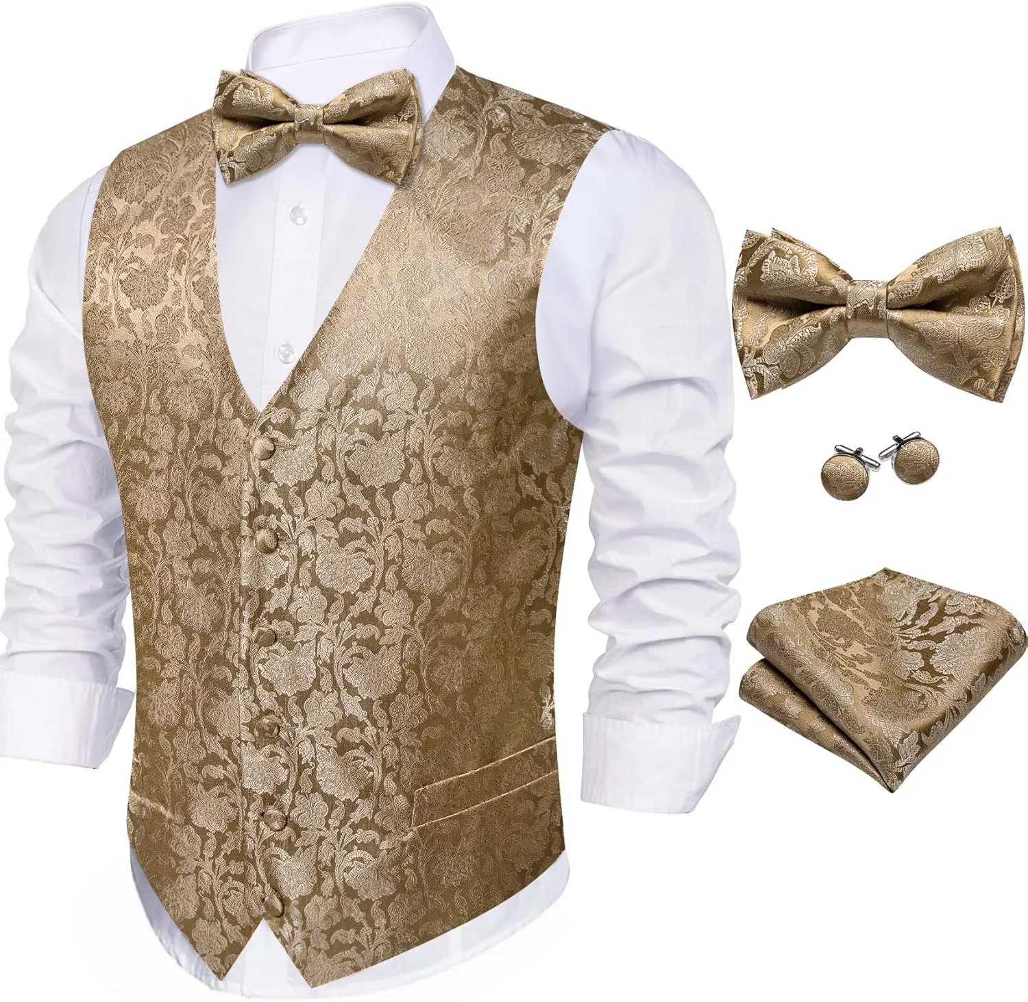 Barry.Wang Men's Waistcoat Bowtie Set Paisley Jacquard Silk V-Neck Vest Handkerchief Cufflinks Formal/Leisure Wedding Party