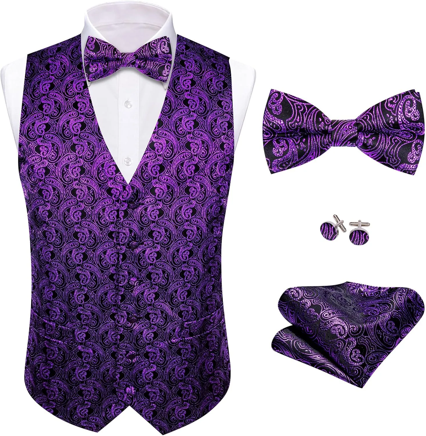 Barry.Wang Men's Waistcoat Bowtie Set Paisley Jacquard Silk V-Neck Vest Handkerchief Cufflinks Formal/Leisure Wedding Party