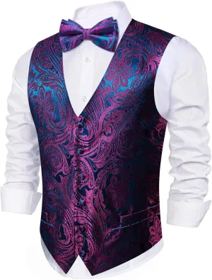 Barry.Wang Men's Waistcoat Bowtie Set Paisley Jacquard Silk V-Neck Vest Handkerchief Cufflinks Formal/Leisure Wedding Party