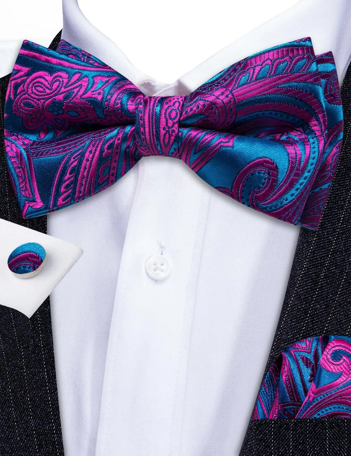 Barry.Wang Men's Waistcoat Bowtie Set Paisley Jacquard Silk V-Neck Vest Handkerchief Cufflinks Formal/Leisure Wedding Party