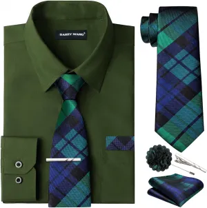 Barry.Wang Solid Colors Mens Dress Shirt and Tie Set Formal Business Wedding Shirts Long Sleeve Button Down Casual 6PCS