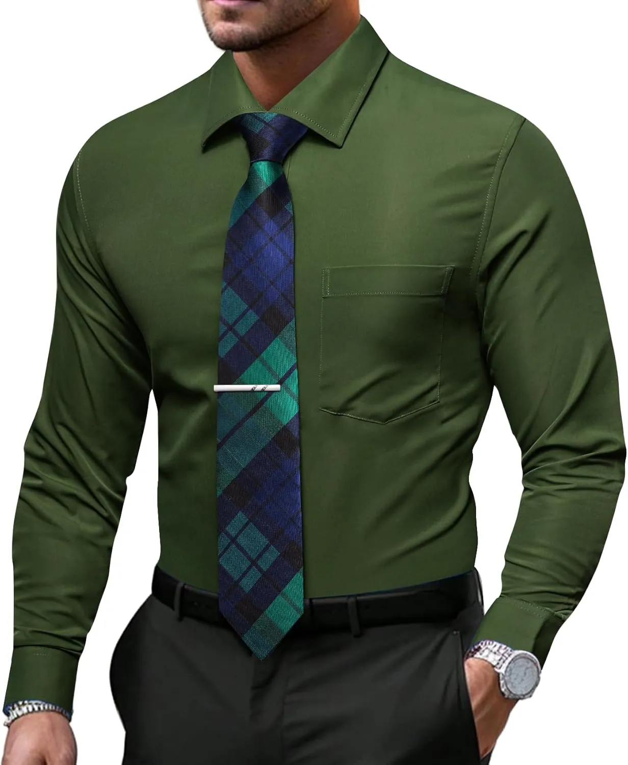 Barry.Wang Solid Colors Mens Dress Shirt and Tie Set Formal Business Wedding Shirts Long Sleeve Button Down Casual 6PCS
