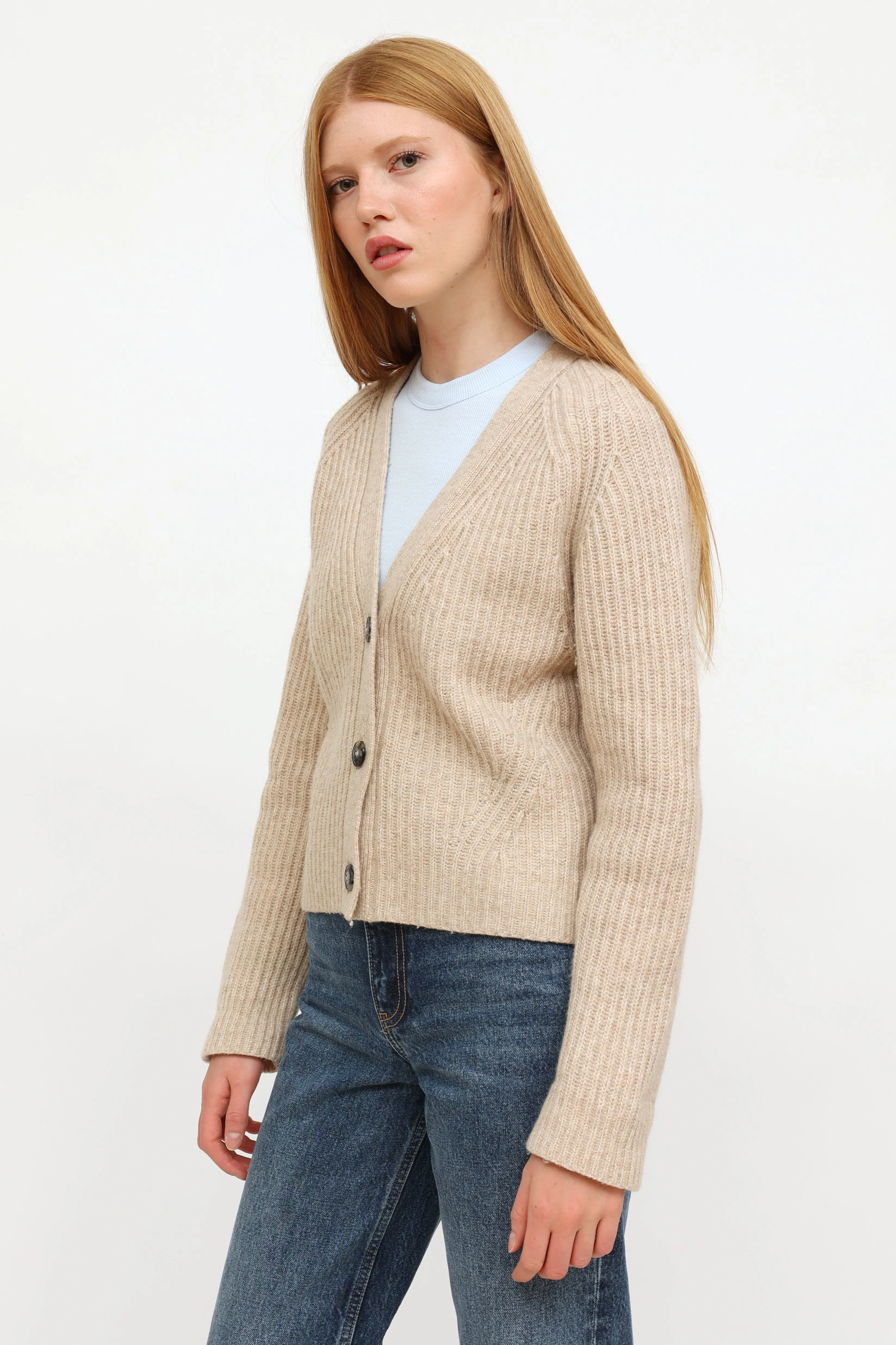 Beige Wool Ribbed Cardigan Sweater