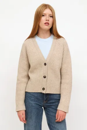 Beige Wool Ribbed Cardigan Sweater