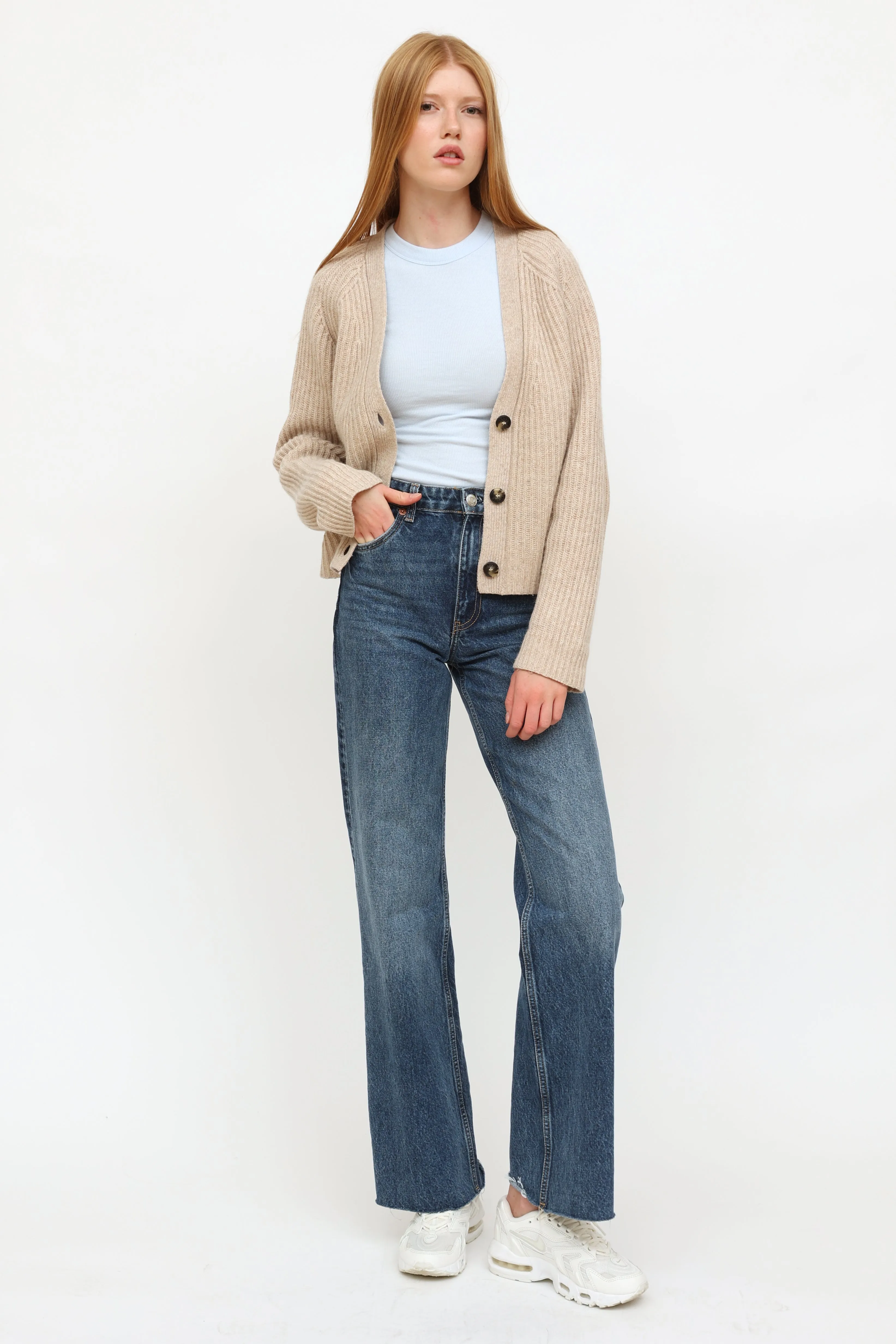Beige Wool Ribbed Cardigan Sweater