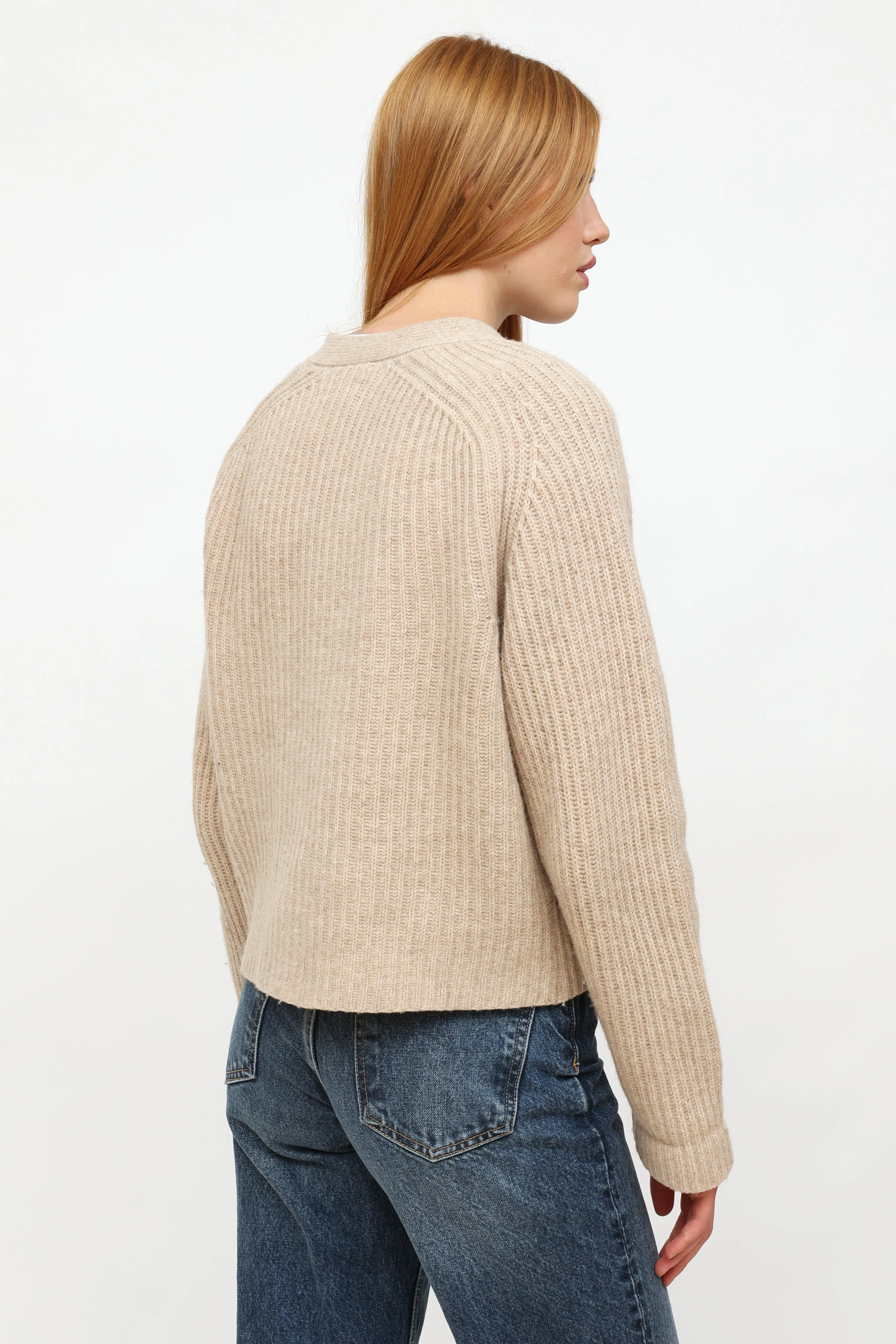 Beige Wool Ribbed Cardigan Sweater