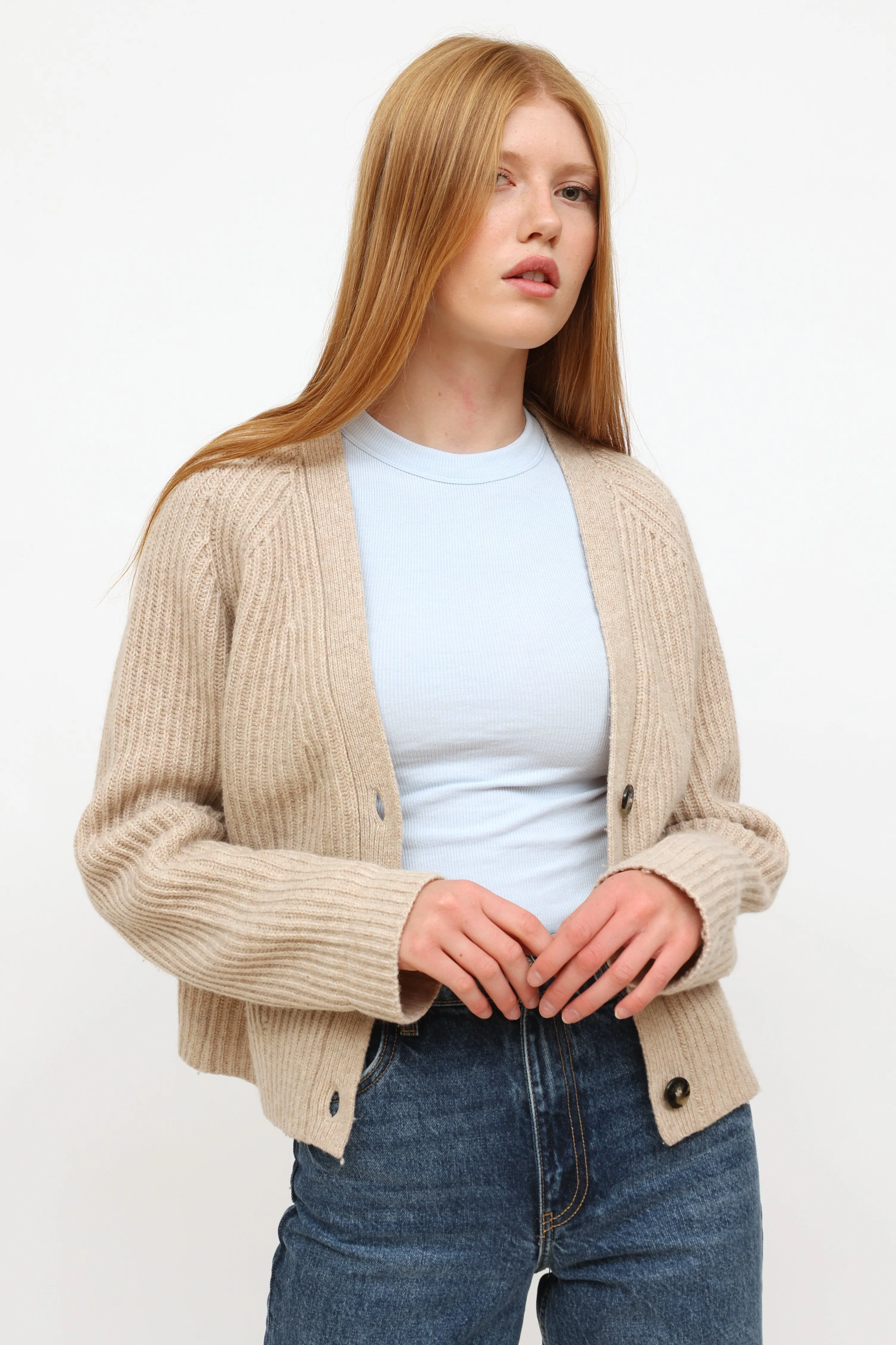 Beige Wool Ribbed Cardigan Sweater
