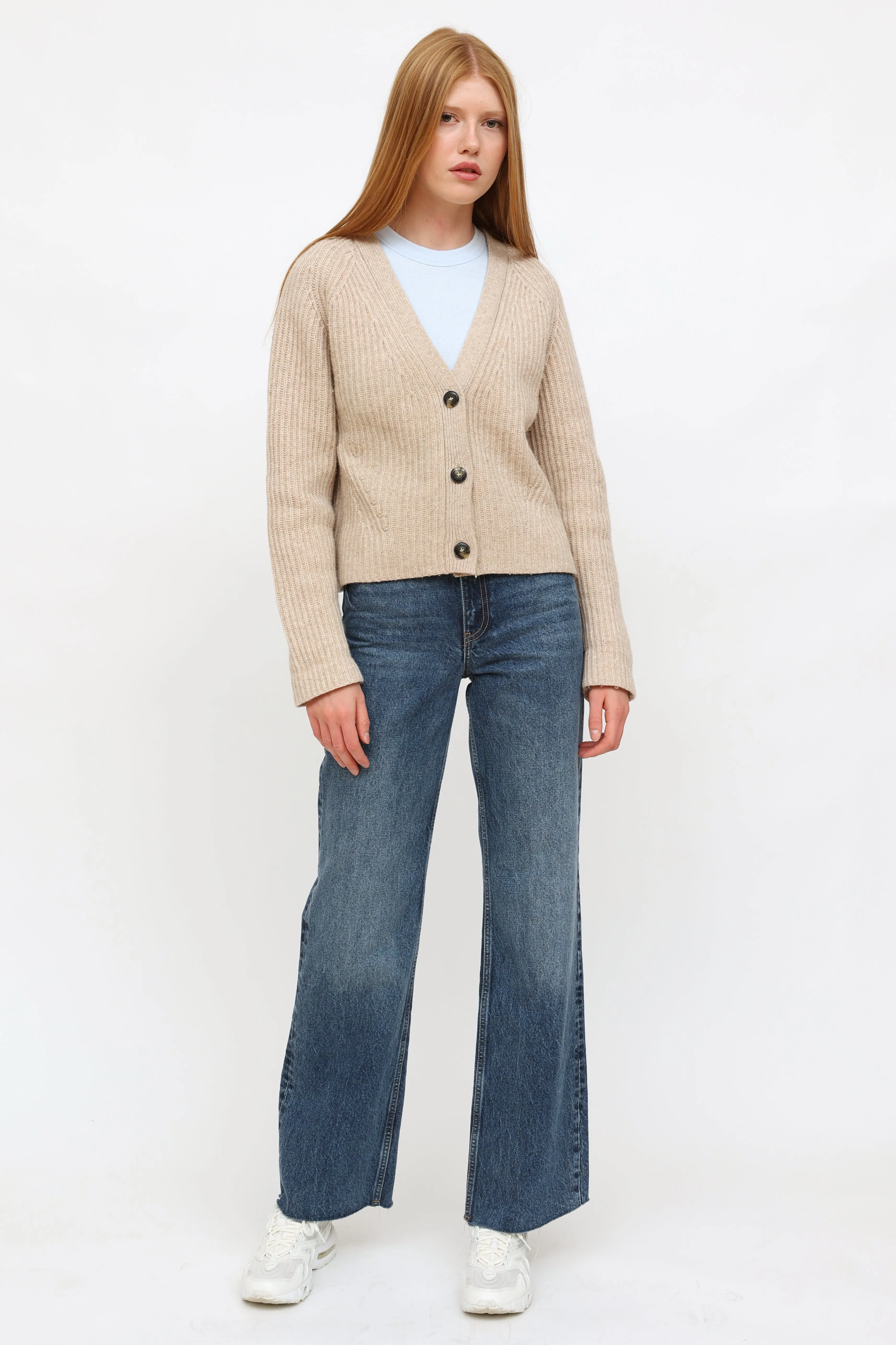 Beige Wool Ribbed Cardigan Sweater