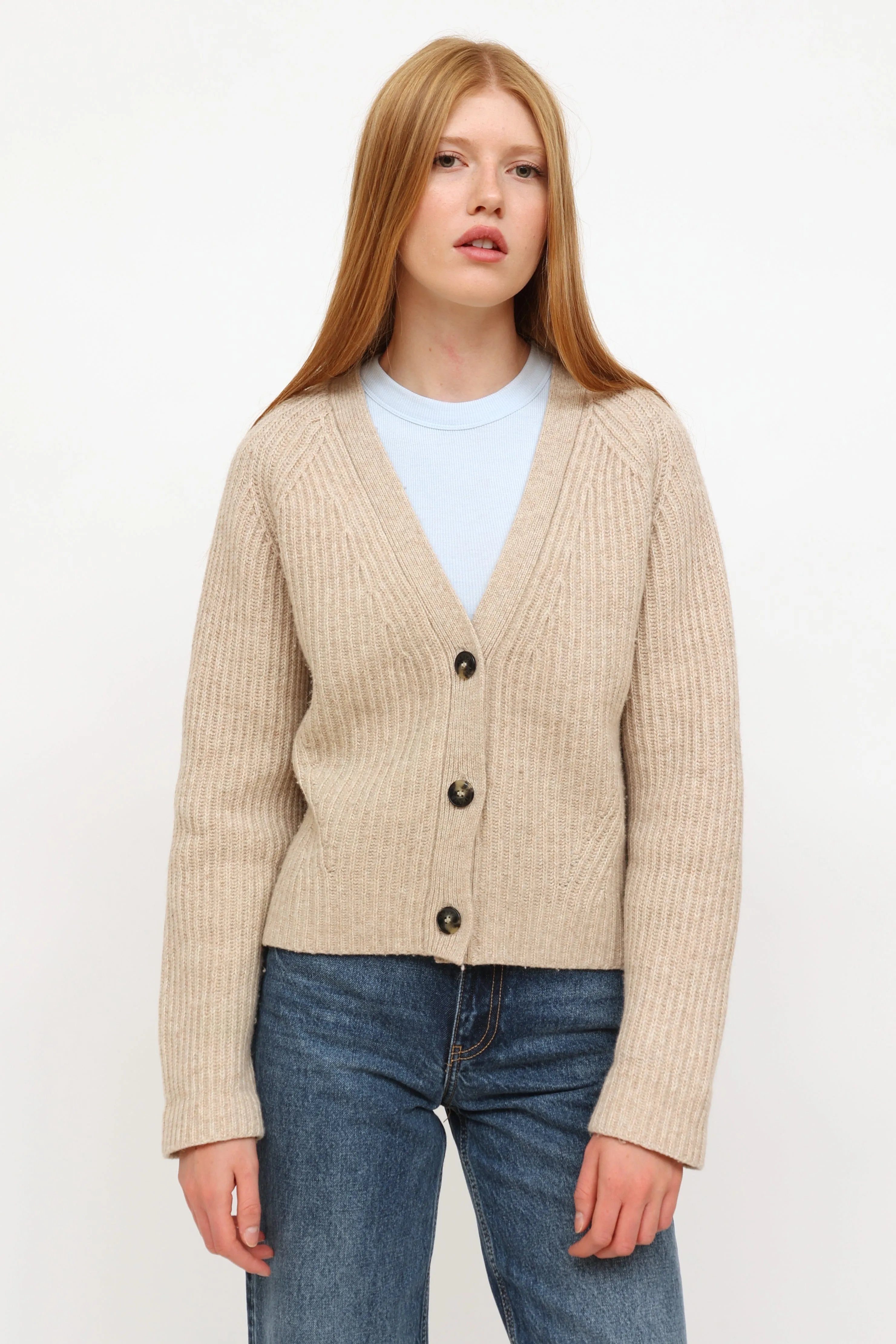 Beige Wool Ribbed Cardigan Sweater