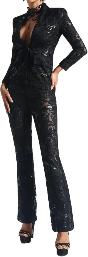 BELLA BARNETT Lace Womens Suits 2 Piece Set Deep V Club Outfits For Women Black Collar Neck Sequin Pants