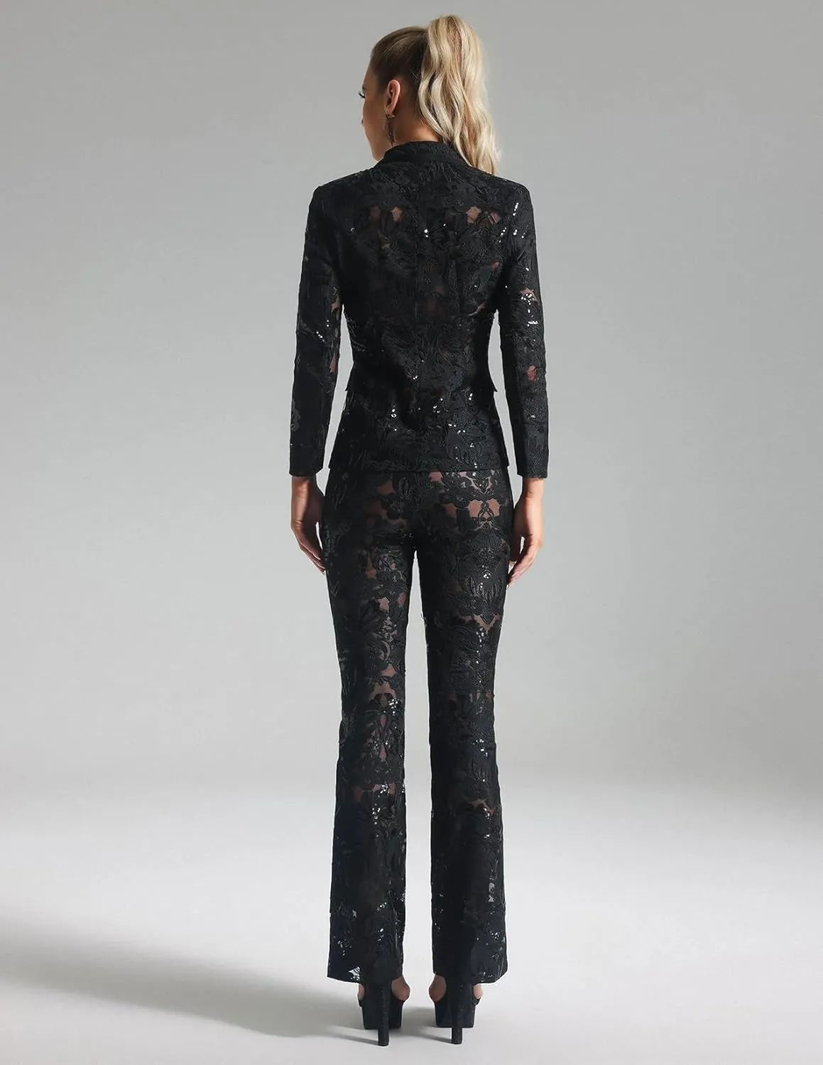 BELLA BARNETT Lace Womens Suits 2 Piece Set Deep V Club Outfits For Women Black Collar Neck Sequin Pants
