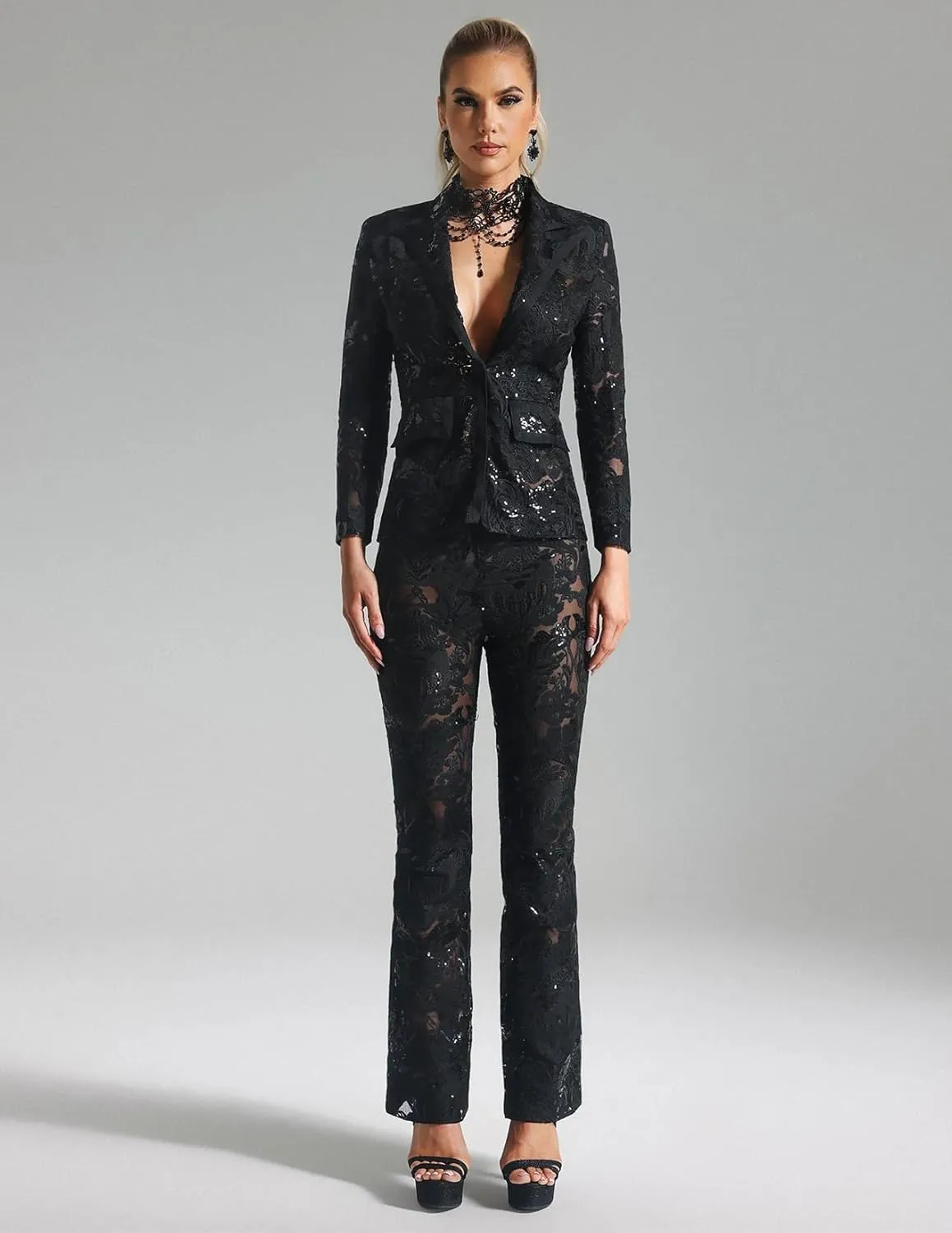 BELLA BARNETT Lace Womens Suits 2 Piece Set Deep V Club Outfits For Women Black Collar Neck Sequin Pants