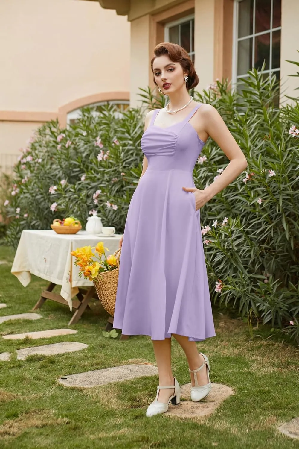 Belle Poque Women's Vintage 1950s Cocktail Dress Sleeveless Spaghetti Strap Ruched Slit A Line Swing Dress with Pockets
