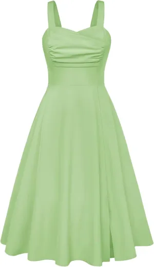 Belle Poque Women's Vintage 1950s Cocktail Dress Sleeveless Spaghetti Strap Ruched Slit A Line Swing Dress with Pockets