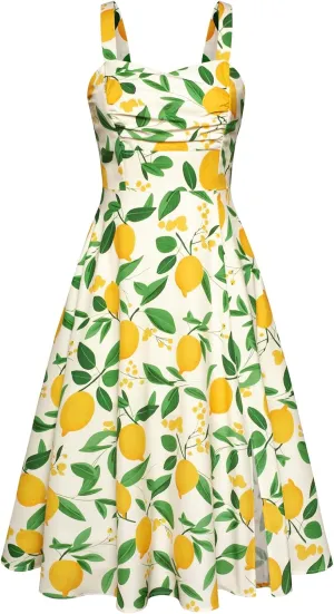 Belle Poque Women's Vintage 1950s Cocktail Dress Sleeveless Spaghetti Strap Ruched Slit A Line Swing Dress with Pockets